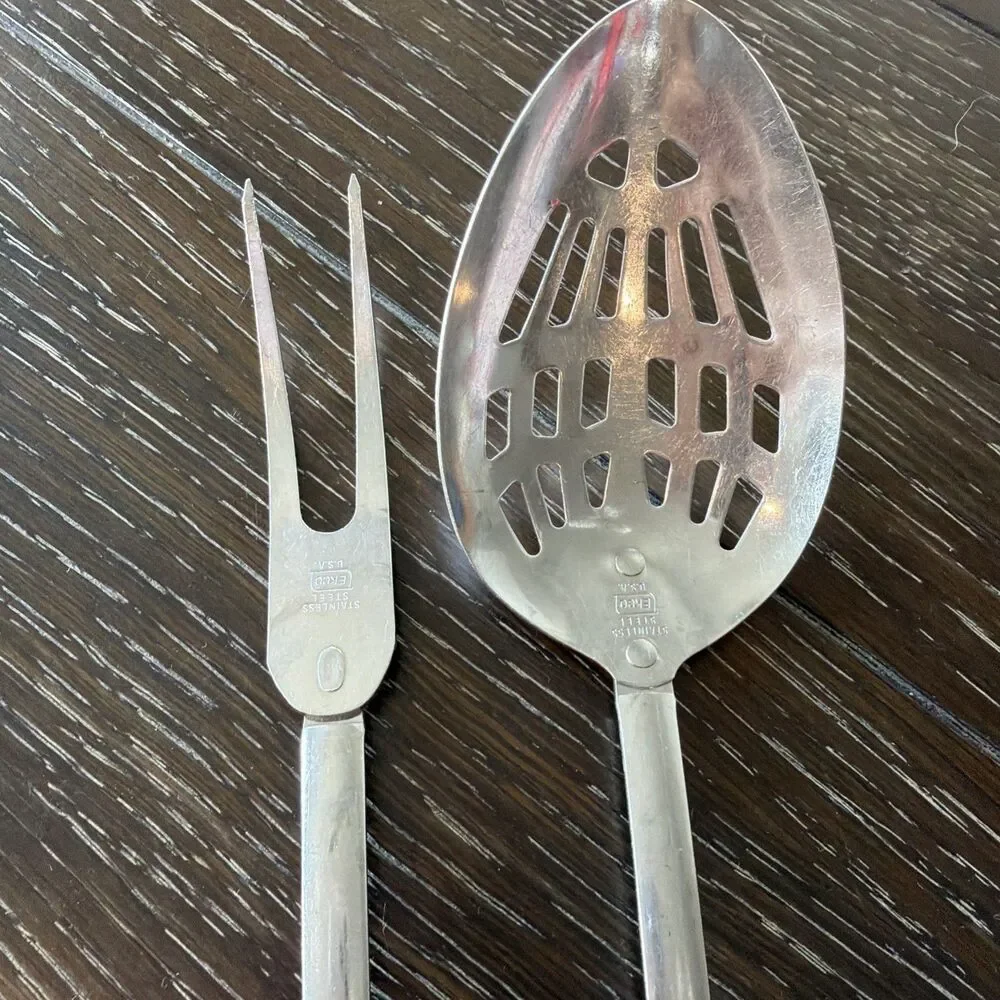 Vintage‎ Ecko Stainless Steel Slotted Spoon And Meat Fork White Handles
